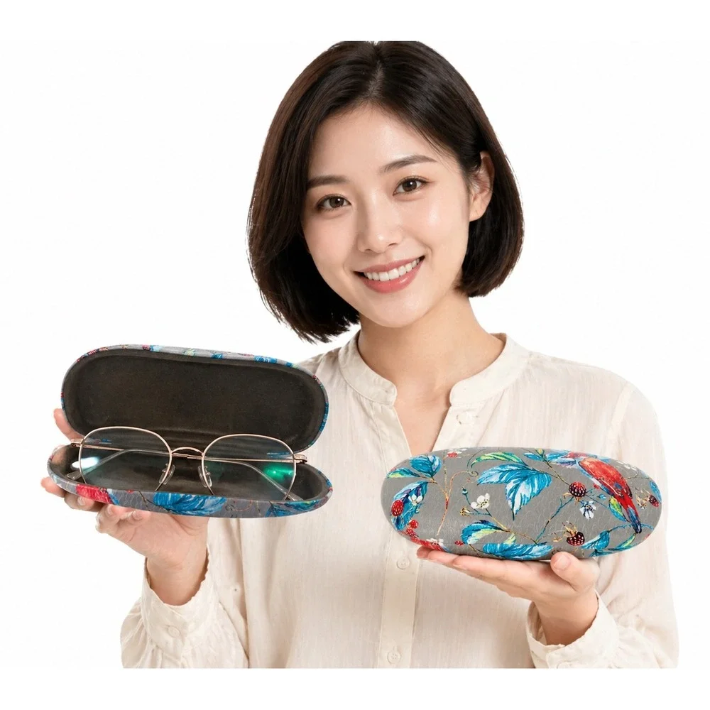 Floral‎ Bird Print Hard Shell Eyeglass Case Grey Botanical Nature Preppy 103-113